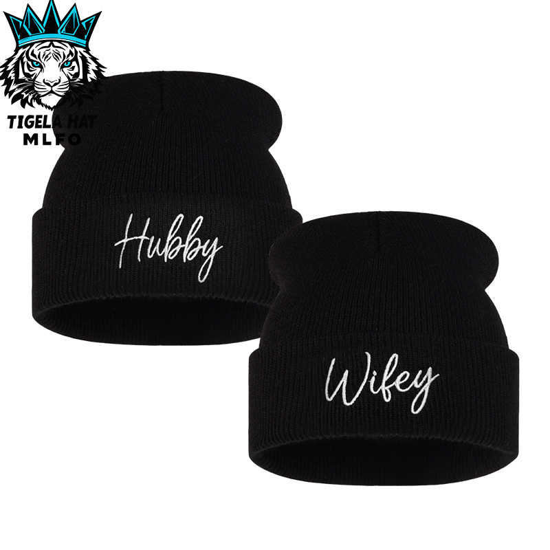 TEMU 2pcs Couples Beanie Set With And Wifey Letter Embroidery, Warm , Ribbed For , Dates, , Outdoor , Christmas, New Year, Wedding And Anniversary