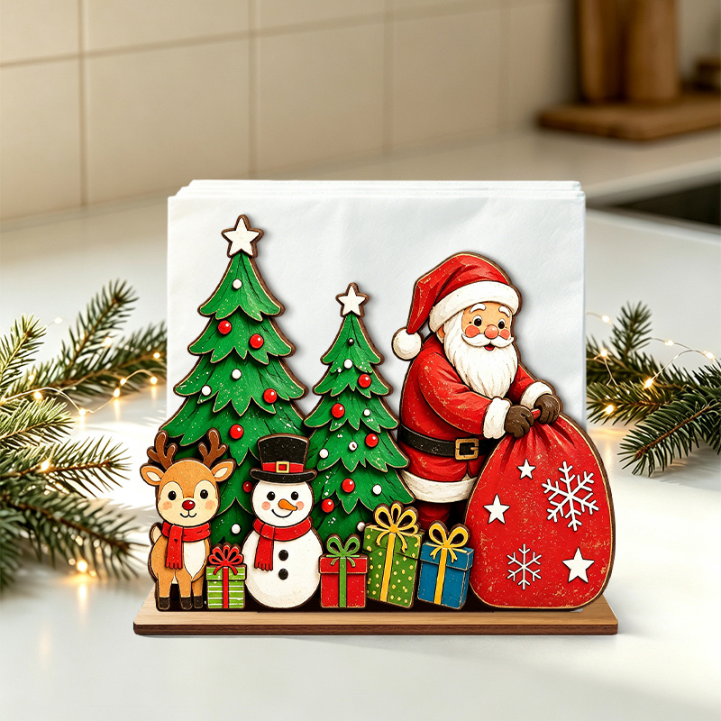 TEMU 2d Flat, A Cute Santa Claus, Snowman, And Reindeer Wooden Napkin Holder, Colorful Gift Box Christmas Tree Tissue Storage Rack, A Centerpiece For