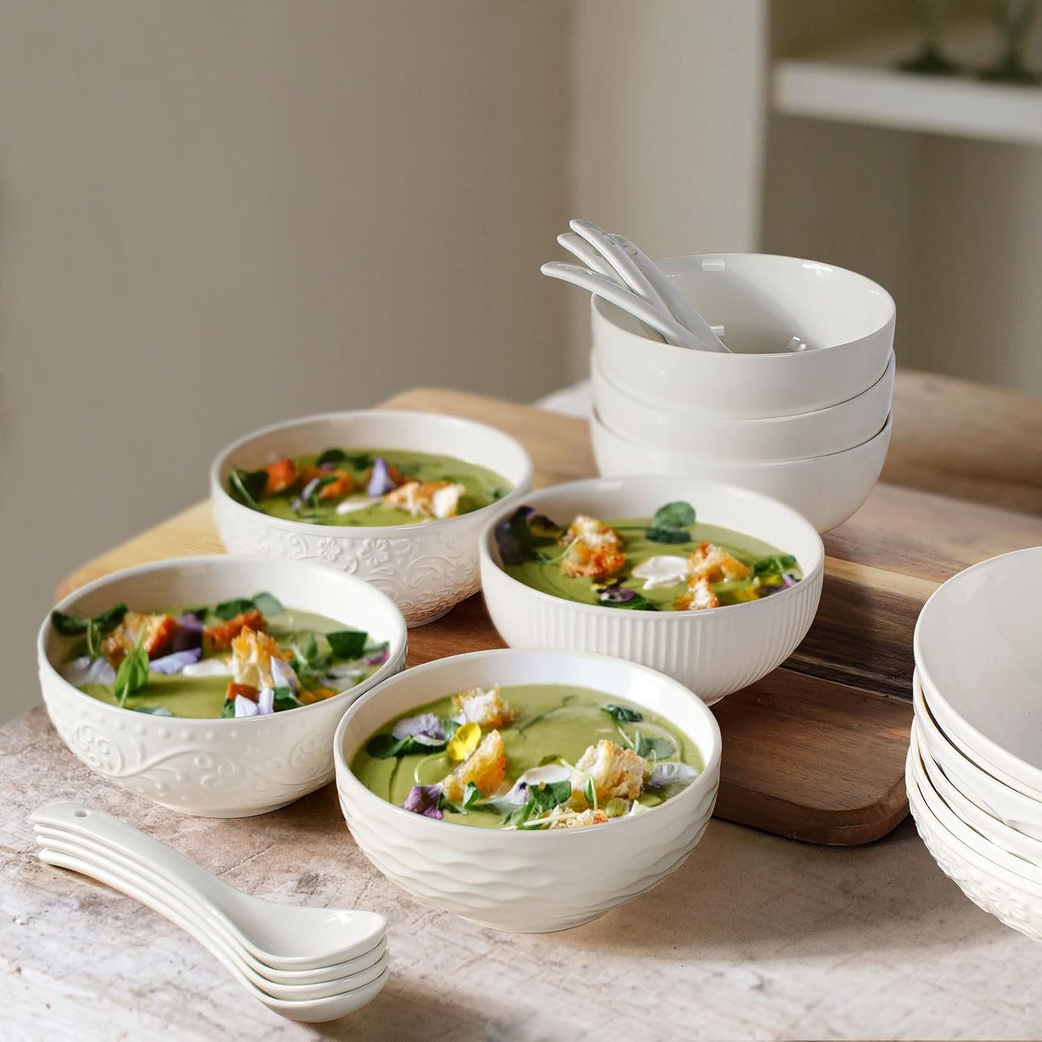 Salad Pho Soup Bowls Set for Eating, 55oz Lareina Extra Large Stackable Ram Lareina Salad Pho Soup Bowls Set for Eating, 55oz Extra Large Stackable  Ramen Pasta Ceramic Serving Bowls, Big Round Microwavable Porcelain Bowls  for