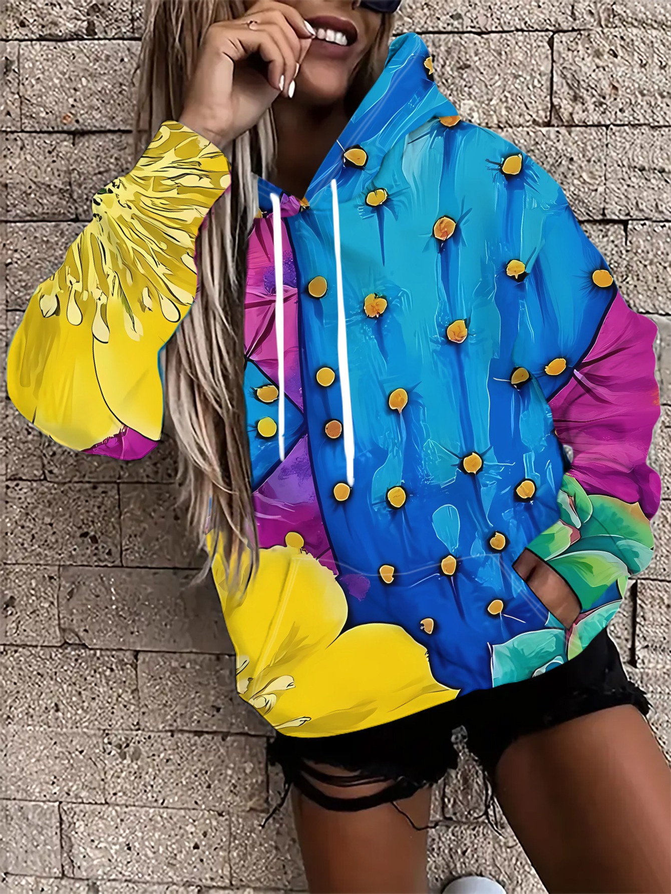 Women s Hooded Sweater Colourful  , Yellow Flowers and Emerald Green Succulents     Printed Casual Versatile Top, Long-sleeved Jumper