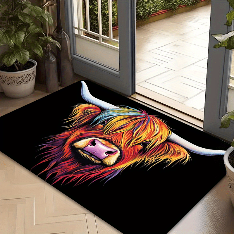scotland highland cow door mat machine washable designed by     non slip polyester indoor carpet suitable for entryway bedroom home decor lightweight rectangular machine made