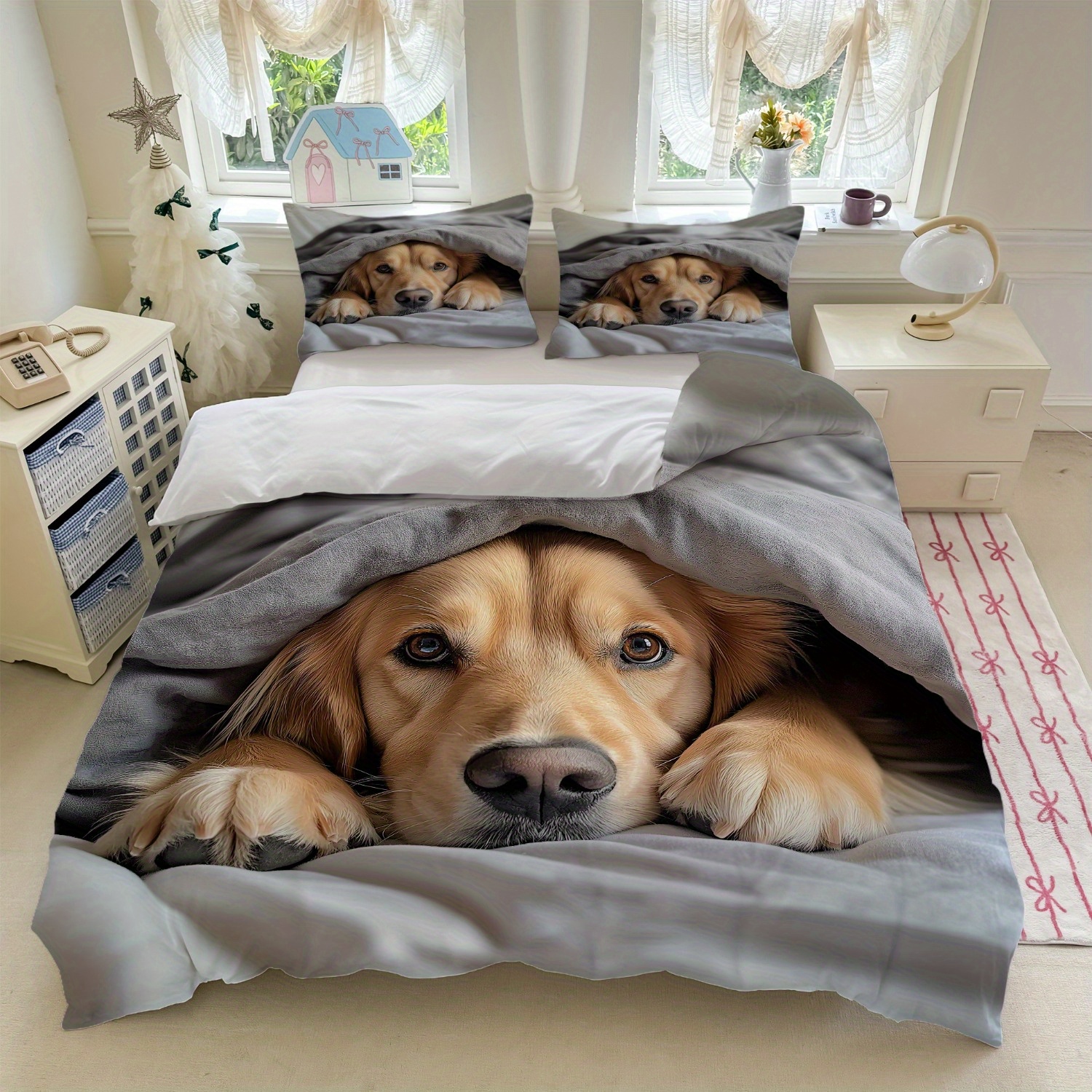 TEMU 3pcs Golden Retriever Print Bedding Set Grey Duvet Cover With Pillowcases (1duvet Cover   2pillowcase, Without Core) For Bedroom