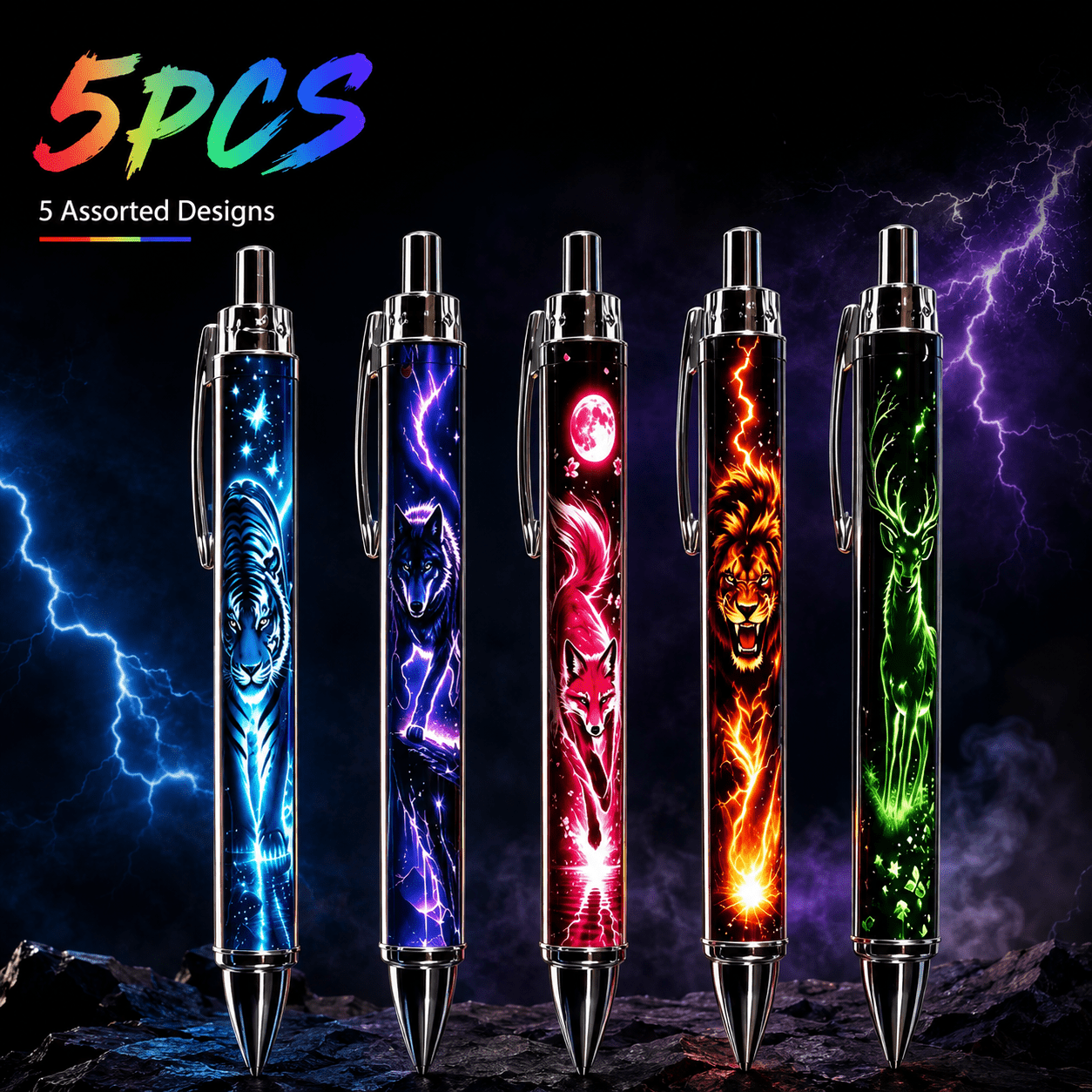 TEMU 5/10-pack Neon Wildlife Retractable Ballpoints, 1.0mm Black Ink Click-style Pens, Tiger, Wolf, Fox, Lion, Moose Patterns, Smooth Writing,