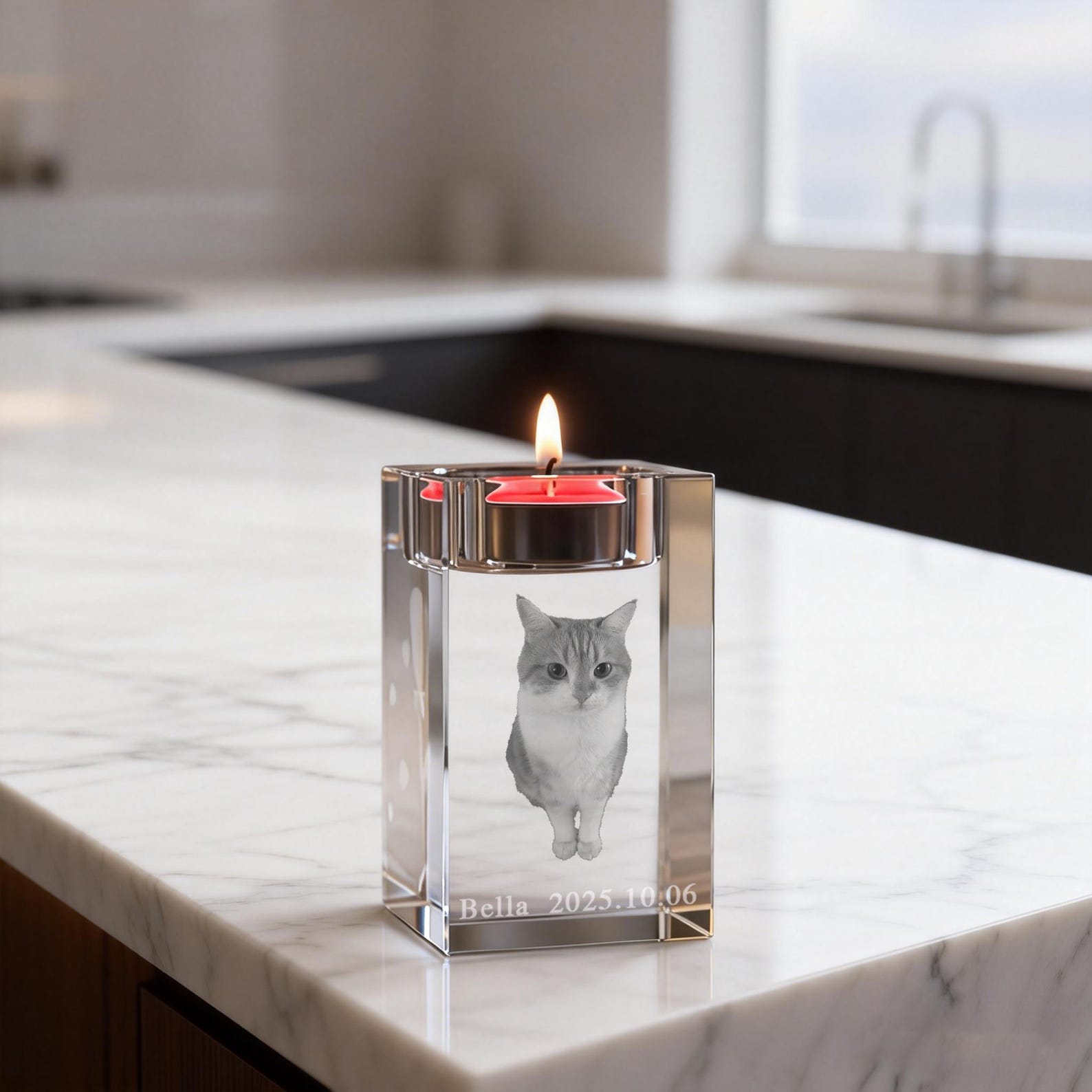 Pet Memorial Custom 3D Crystal Photo Candle Holder: Engraved Tealight Gift, Photo Crystal Candle Holder, Laser Engraved Pet Memorial Gift, Eternal Keepsake, Anniversary Gift
