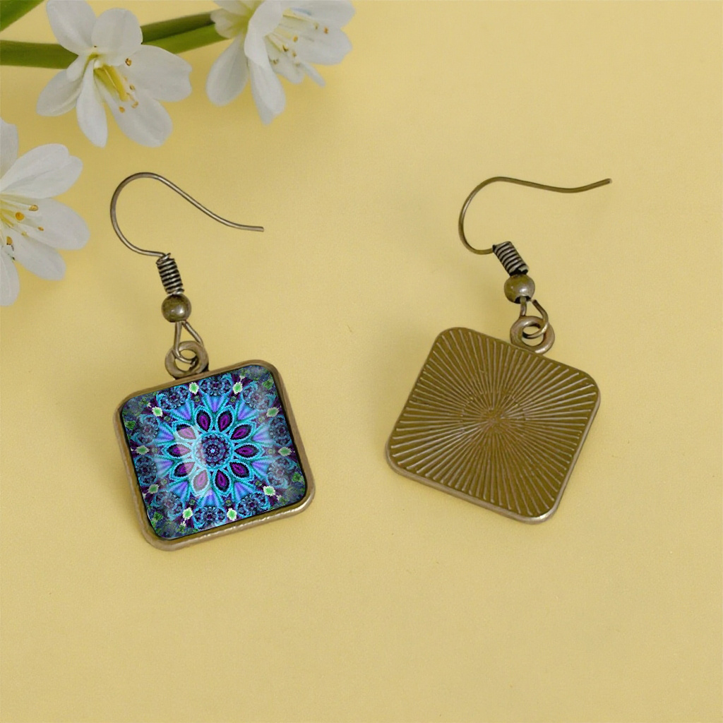 Blue Polish Art Flowers Heart Shaped Earrings