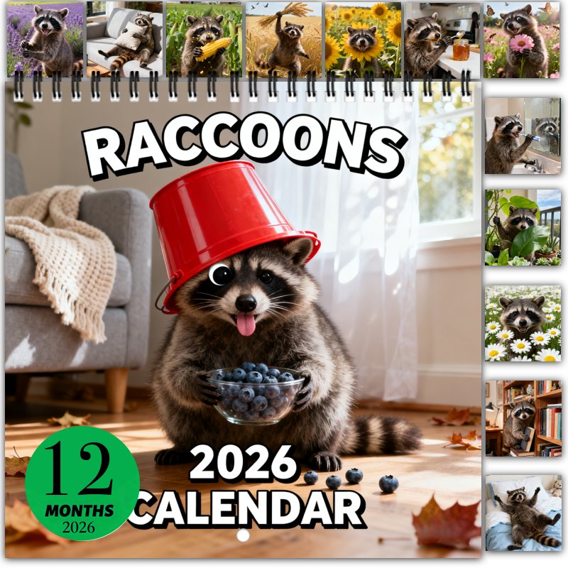TEMU December Thickened Coated Paper, Spiral Double-sided Printing Raccoon Funny Wall Calendar 2026 - 12-month Large Hanging Desk Calendar With, Perfect For Office & Home Decor, Gift Idea For Adults