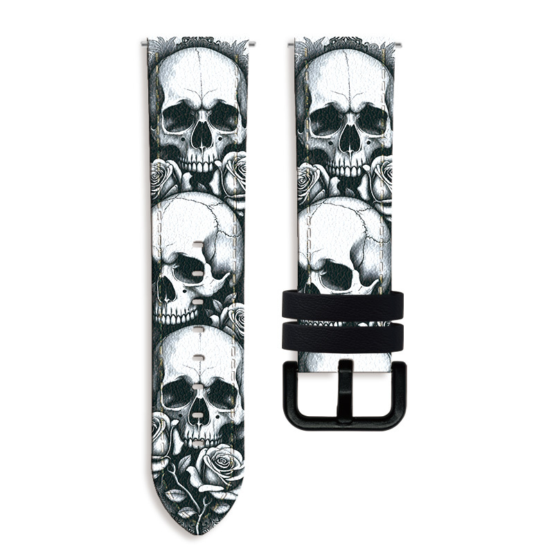 TEMU Halloween | Diseño 2D | Día , Calavera y Rosa ~ Correa para reloj inteligente de 20 mm/22 mm de cuero PU de lujo , compatible con for Samsung