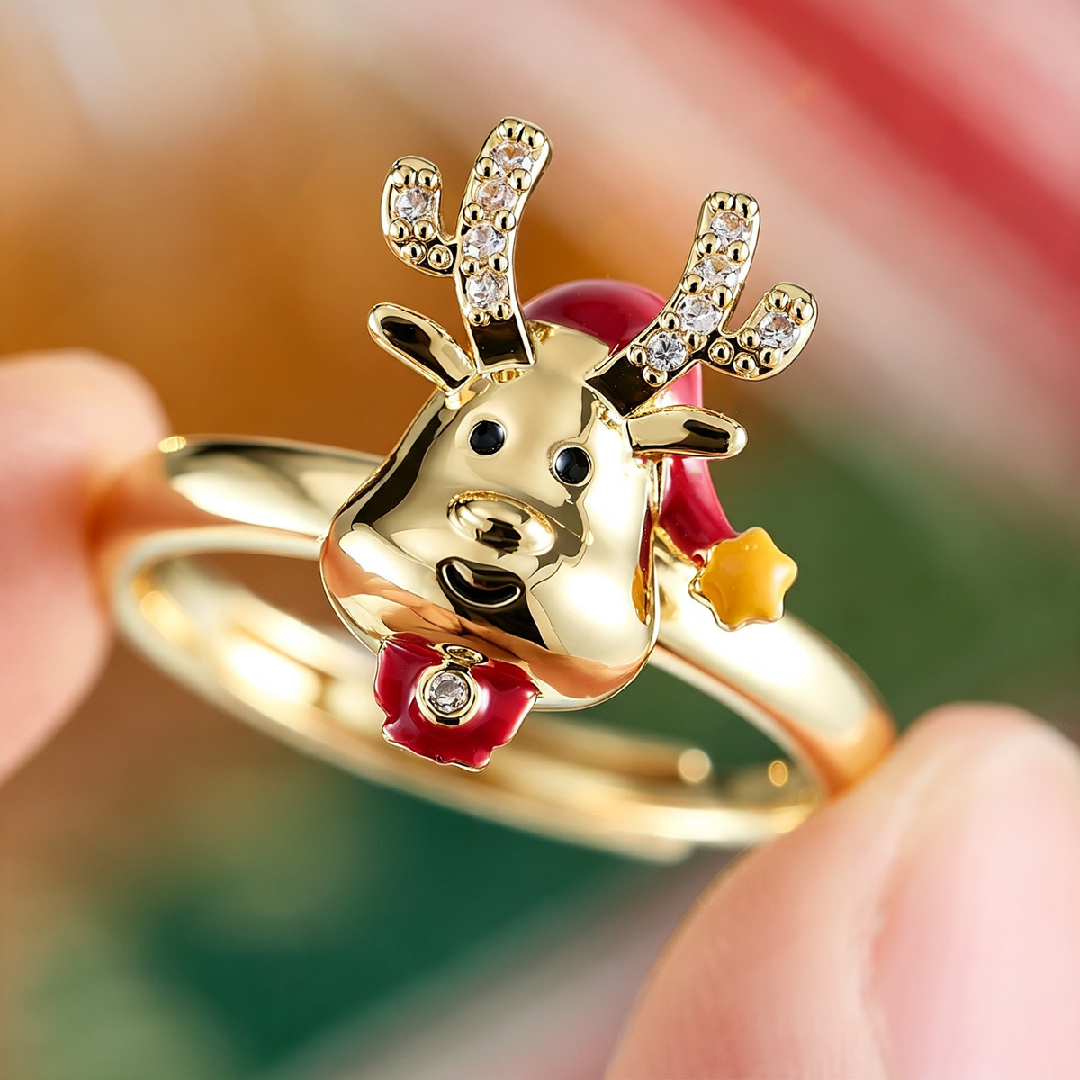 Women's Adjustable Reindeer Ring with Rhinestone, Holiday Gift