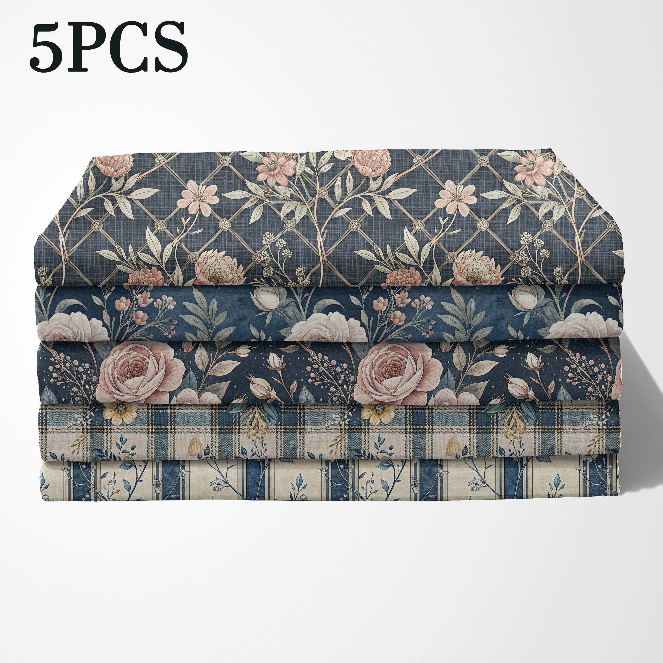 TEMU Fat Quarter Set Of 5pcs, Featuring 5 Different Designs: Vertical Blue And White Floral Branches, Peonies On A Black Ink Background, Vintage ,