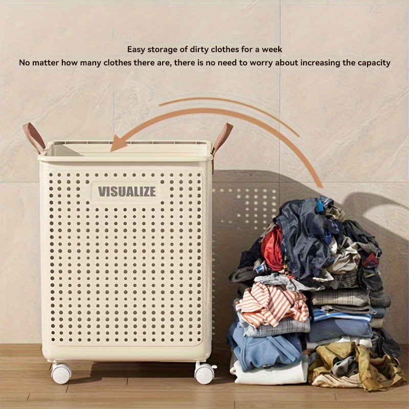 foldable laundry basket with wheels handles durable plastic multi functional portable storage solution for clothes snacks bathroom essentials white with ventilation holes baskets bins containers for   details 0