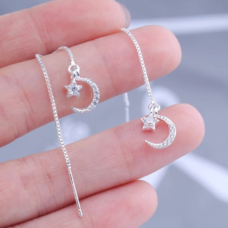 E-shop 1 Paar Damenmode Hängeohrringe Exquisite Eingelegte Synthetische Zirkonia Kleine Sterne Mond Ramadan Ohrfäden Ohrringe Tägliche Urlaubs Party