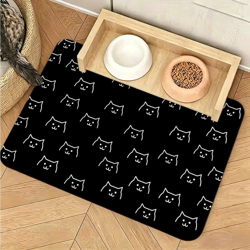 TEMU 1pc, Minimalist Line Art Cat Print Pet Feeding Mat, Non-slip Rubber Base, Black Background With Multiple White Line Art Cat Patterns, Suitable