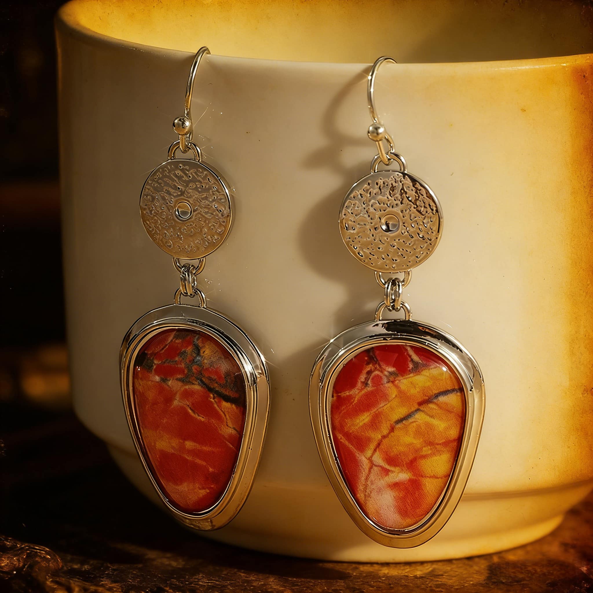 Vintage Copper Carved Earrings, Bohemian Faux Stone Drop Earrings