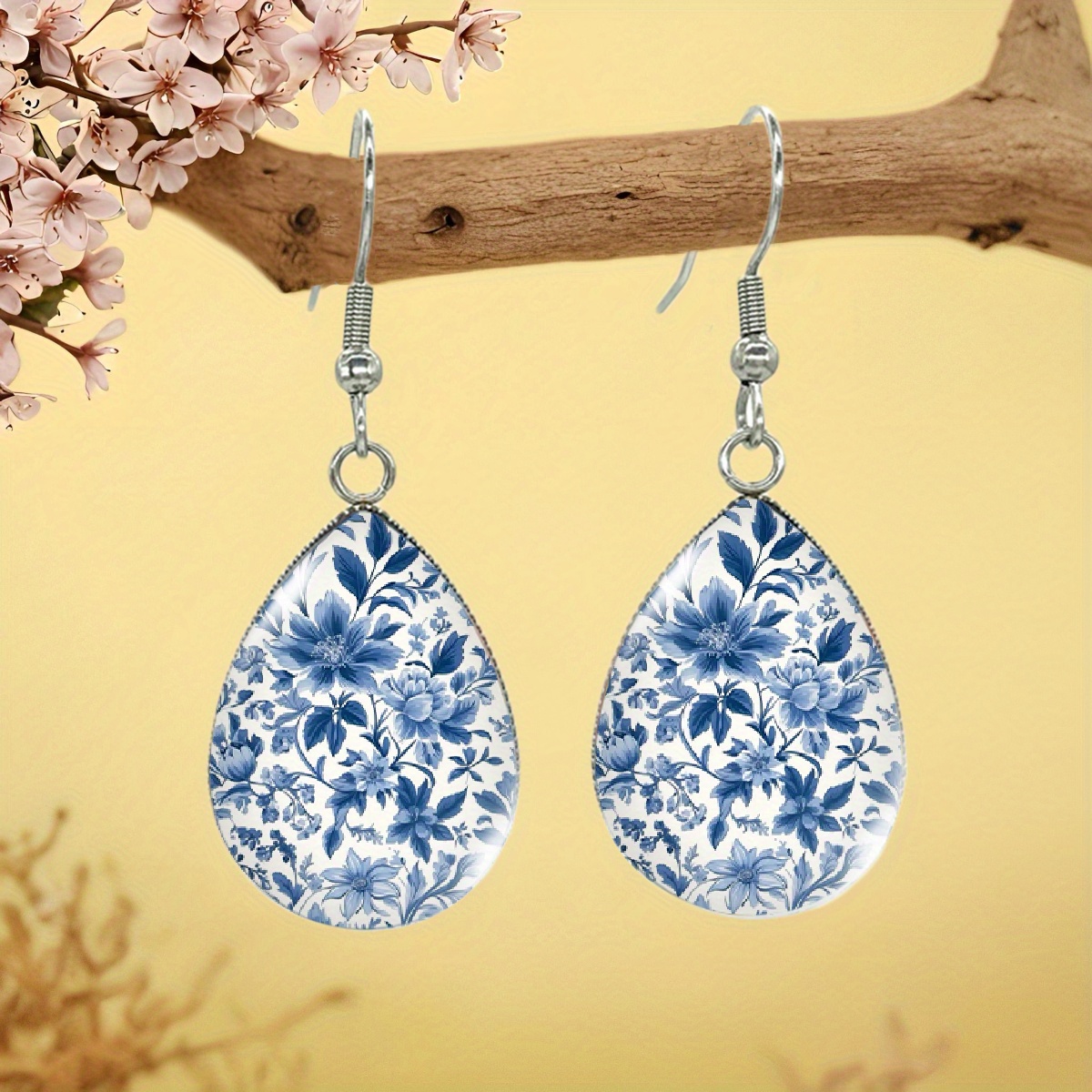 TEMU Blue And White Porcelain Flowers Illustration Drop Earrings Glass Jewelry Gift