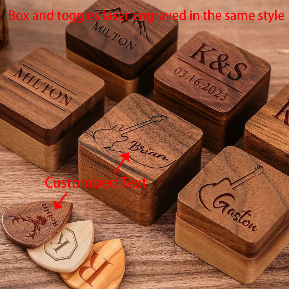 

1 Set Personalized Wooden Guitar Plectrum And Organizer Box, Laser Engraved With Custom Text, Light Brown Wood, Gift For Guitarist Musician, Valentine's Day, Father's Day, First Gig