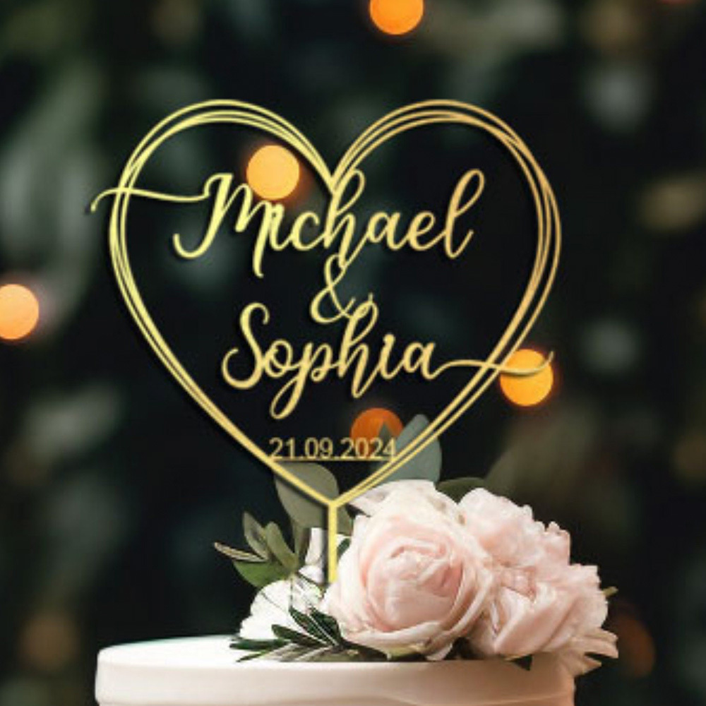 Image of Custom Wedding Cake Topper, Wedding Cake Decoration With Heart Shape And Date, Personalized Heart-shaped Cake Topper, Anniversary Cake Topper Gift For , Birthday Cake Decoration