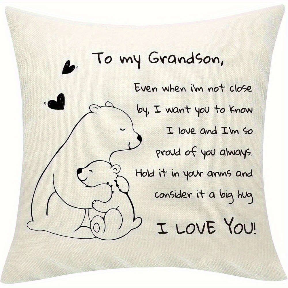TEMU Grandson Gifts Decorative Polyester Cushion Cover From , Funny Embrace Bear Throw Pillow Cover Pillowcase 18x18 Inch, I Love You - Reminder Gift For Men Teens Boys