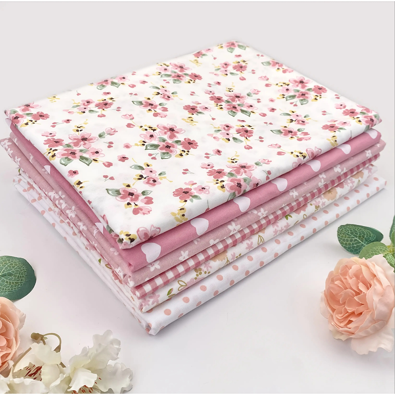 Image of 6pcs Pre-cut Pink Festive Fabrics! Spring Summer Floral And Heart Checkered Prints, Easy For Beginners, Decoration/quilting/sewing Universal, Bedding Curtains Pillows Good Material