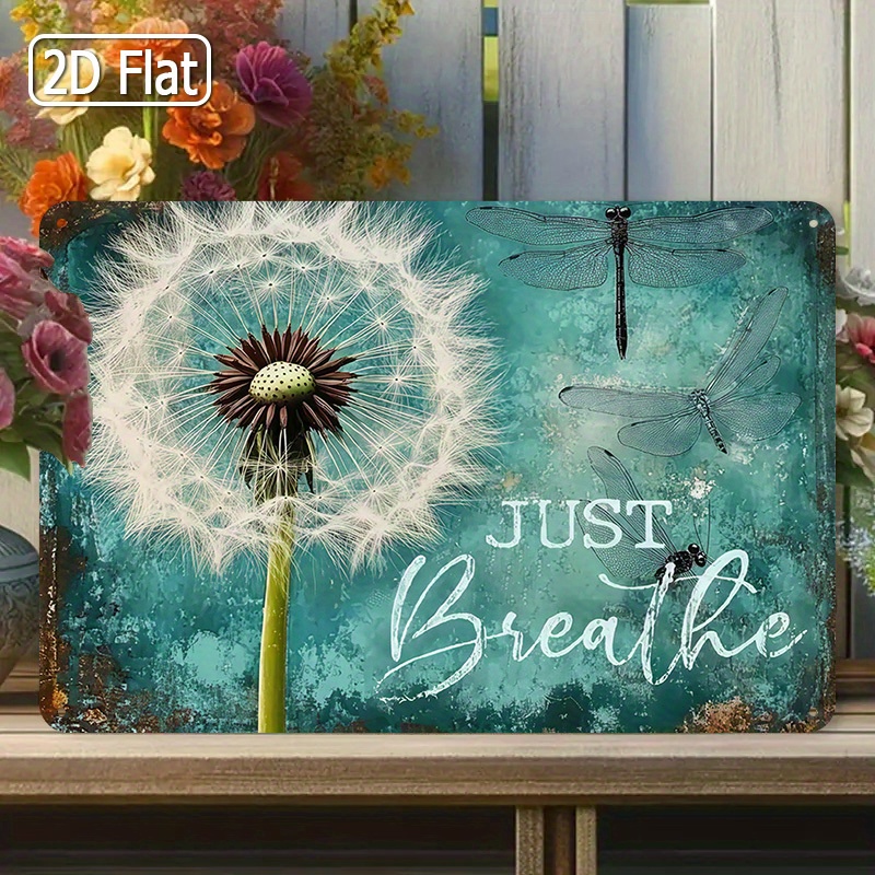 TEMU 2d Flat, 1pc 2d Flat Metal Sign Wall Art - Just Breathe Relaxation Quote With Dandelion & Dragonflies Design, Rustic Turquoise Vintage Decor For