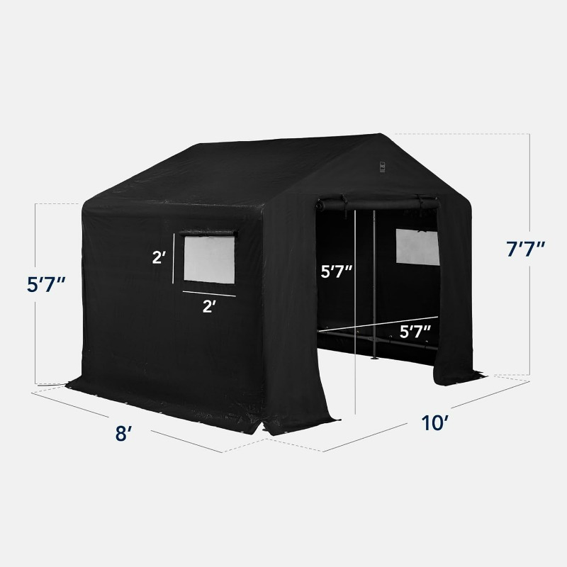 10x8ft Heavy-Duty Outdoor Storage Shed with Dual Roll-Up Doors & Windows, Steel Frame Canopy Shelter - UV50+ Rated, Easy Assembly, for Motorcycle, Bike, Garden Tools, Lawnmower - Black, Backyard Organization, Weatherresistant Design, Longlasting Durability, Motorcycle Owners