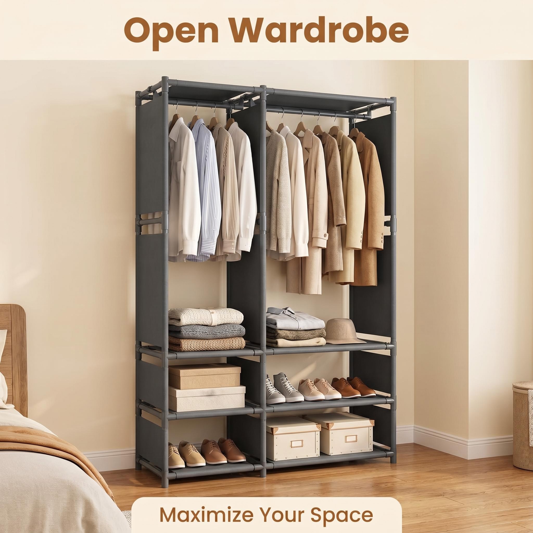 TEMU Étagère à vêtements double noire 95X36X170Cm, rayonnage ouvert multi-étages pour chambre, dortoir, entrée