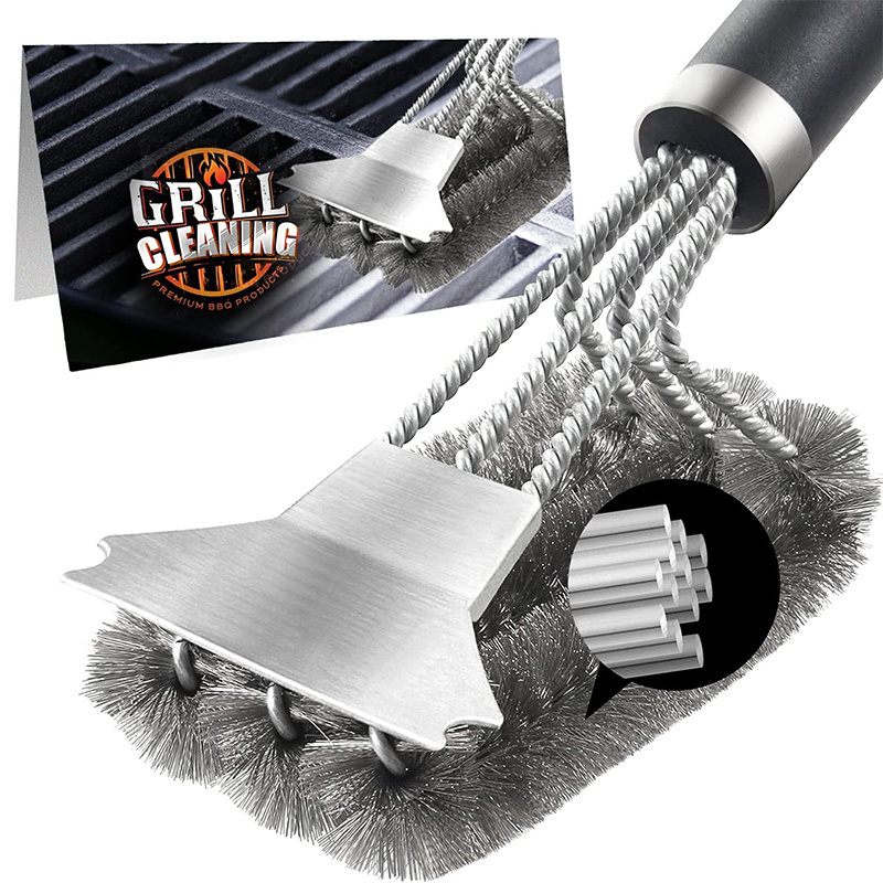 E-shop 18-Zoll Schwerlast-Grillbürste mit Edelstahlborsten & Schaber - Sicheres, Borstenfreies Reinigungswerkzeug für Holzkohle-, Gas- & Infrarotgrills