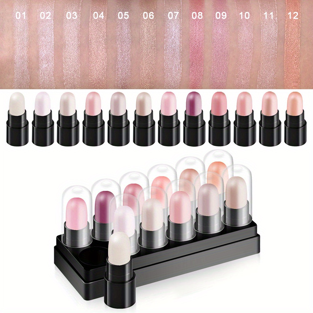 12 renkli su geçirmez uzun süre kalıcı simli göz farı kalem seti, highlighter çubuklu şık göz makyaj aletleri