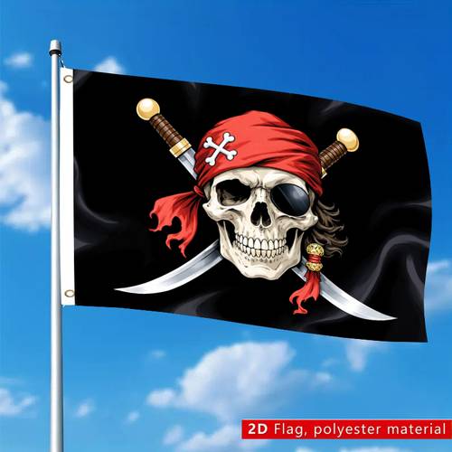 1 size flag features a rugged cartoon pirate skull with a red headscarf white skull on eye patches and hair bundles