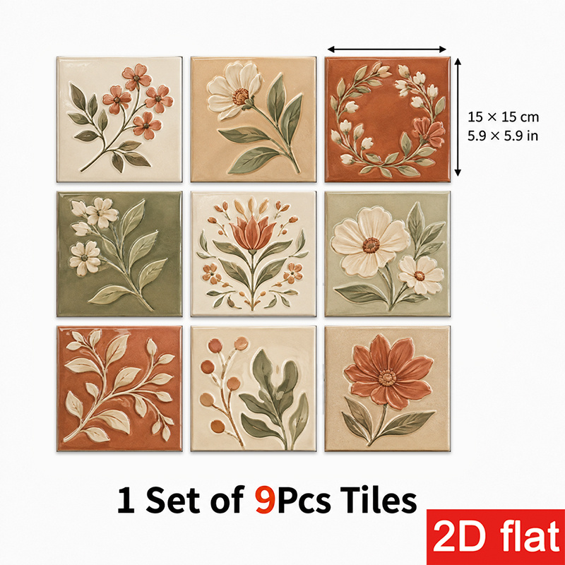TEMU 2d Flat 9pcs 15x15cm (5.9x5.9in) Slate Tile Stickers Sophisticated - Floral Pattern For Kitchen Backsplash, Coffee Corner, Bathroom, Living Room