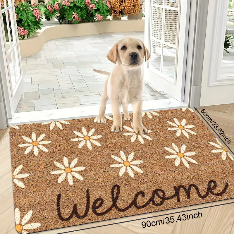 1 шт. приветственный коврик с узором из ромашек из полиэстера, нескользящий, легкий, устойчивый к пятнам, изготовленный машиной, прямоугольный, для внутреннего и наружного использования, для коридора, кухни, прачечной, туалета, подходит для Рождества, Дня благодарения, Дня святого Валентина, Дня матери, выпускных, детали 4