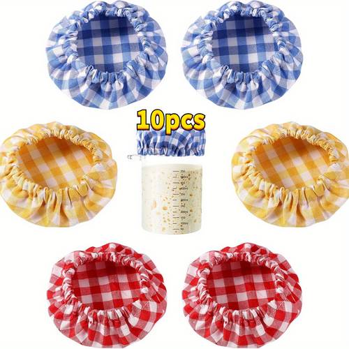 10pcs jar cloth cover grid cloth cover unbleached elastic cloth cover reusable yeast fermentation bowl cover dough basket cover storage cover suitable for 3 4inch jars suitable for baking supplies random colors