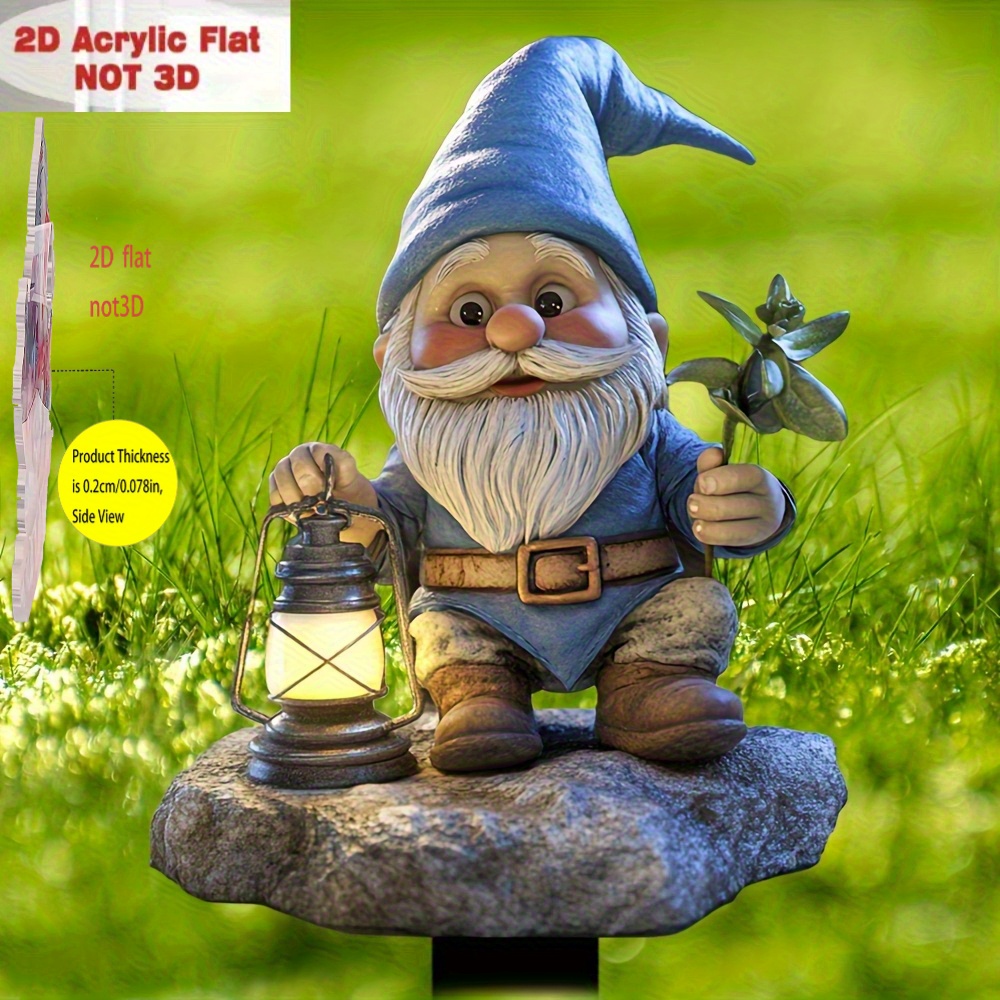 E-shop 2D Flacher, skurriler Gartenzwerg mit Laterne und Gabel - 2D Acryl-Außendekoration für Pflanzgefäße, Rasenflächen und Höfe - Blaues Hut- und