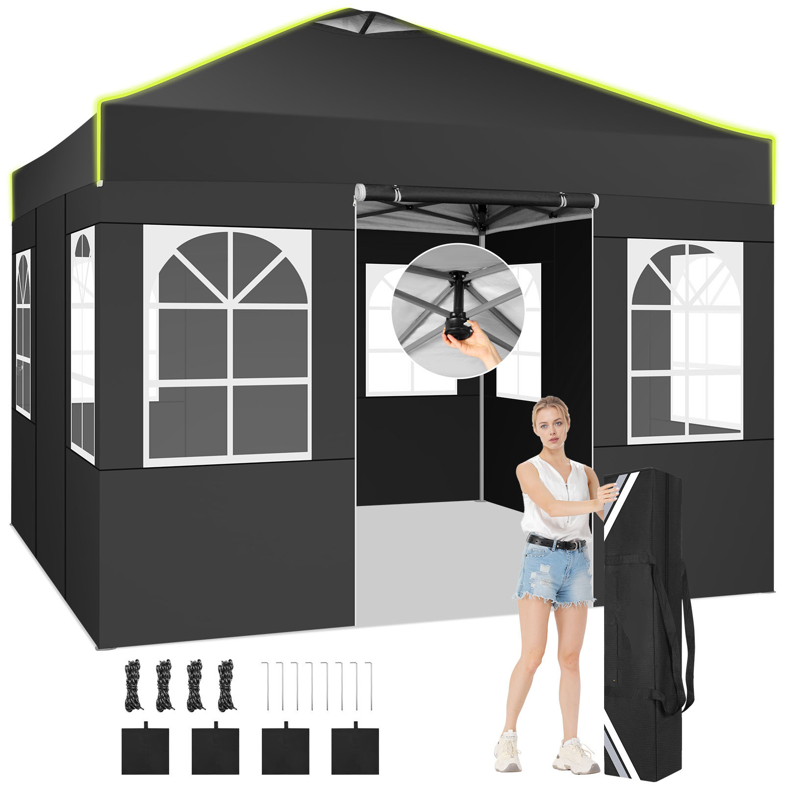 E-shop 3x3m Ein-Person-Pop-Up-Markise mit 4 abnehmbaren Seitenwänden, 3 verstellbaren Höhen, Belüftungsöffnungen reflektierenden Streifen, langlebig,
