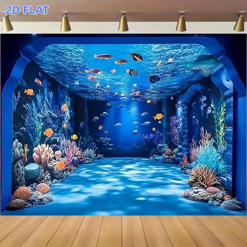 TEMU 2d Flat, 2d Flat Banner, 1pc Colorful Aquarium Backdrop Wall - Fish Tank Themed Tunnel Background, Featuring Coral And Such As Sea Turtles And