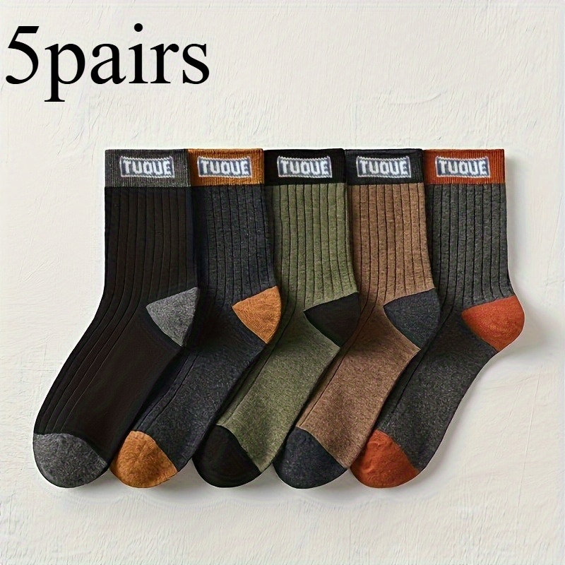5 pairs mens thickened winter   calf socks anti odor breathable sweat absorbent solid color letter patterns   suitable for sports and business casual multi color   plush socks daily wear   letter patterns