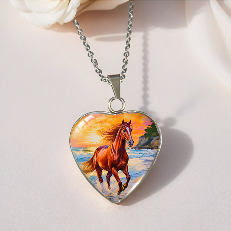 Beach Sunset Painted Picture Heart Pendant Necklace Fashion Jewelry Gifts