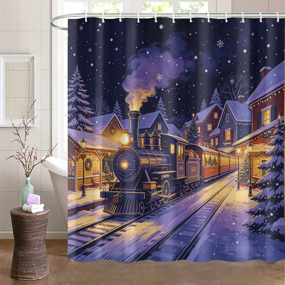 1 dark   christmas   steam train house christmas tree   pattern printed shower curtain suitable for bathtubs multiple sizes     12 hooks