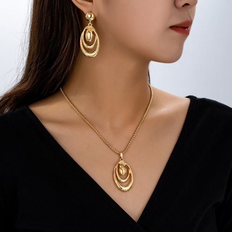Necklace and Earrings Set, Multi-Loop Hollow Teardrop Design