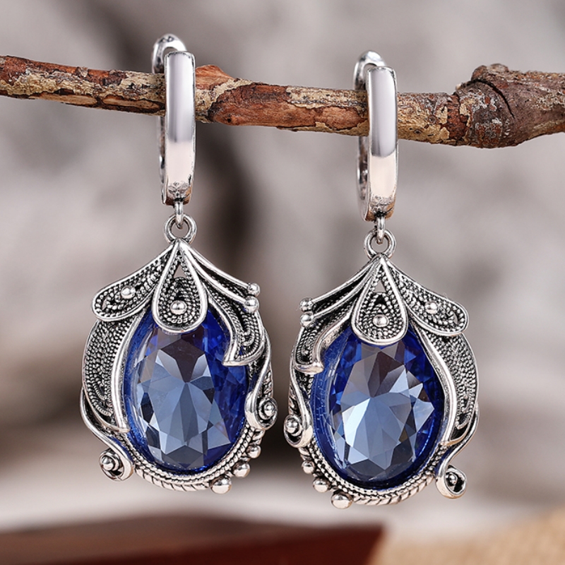 Image of Retro Flower Drop Earrings Inlay Blue Zirconia Earrings For Women Daily Banquet Holiday Earrings Jewelry Vintage Earrings