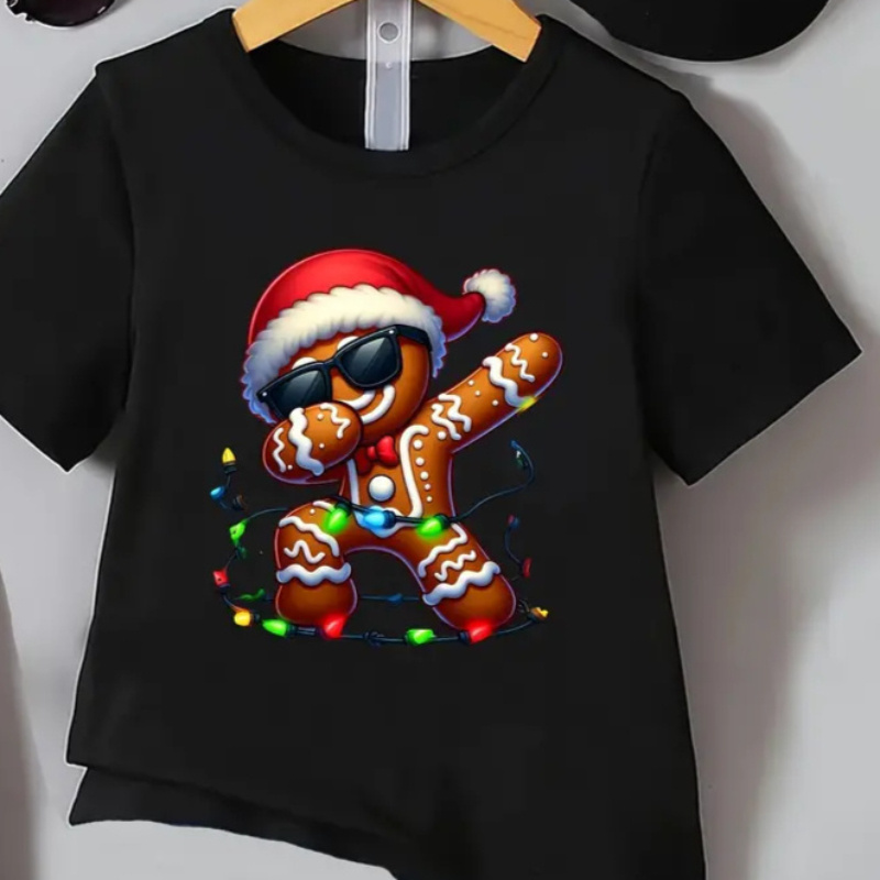 

1pc Kids' Gingerbread Man T-shirt, 100% Cotton Crew Neck, Casual Printed Top With Lantern Detail, Breathable Fabric, Medium Stretch, Outdoor Play - Ideal Christmas & Halloween Gift For Boys