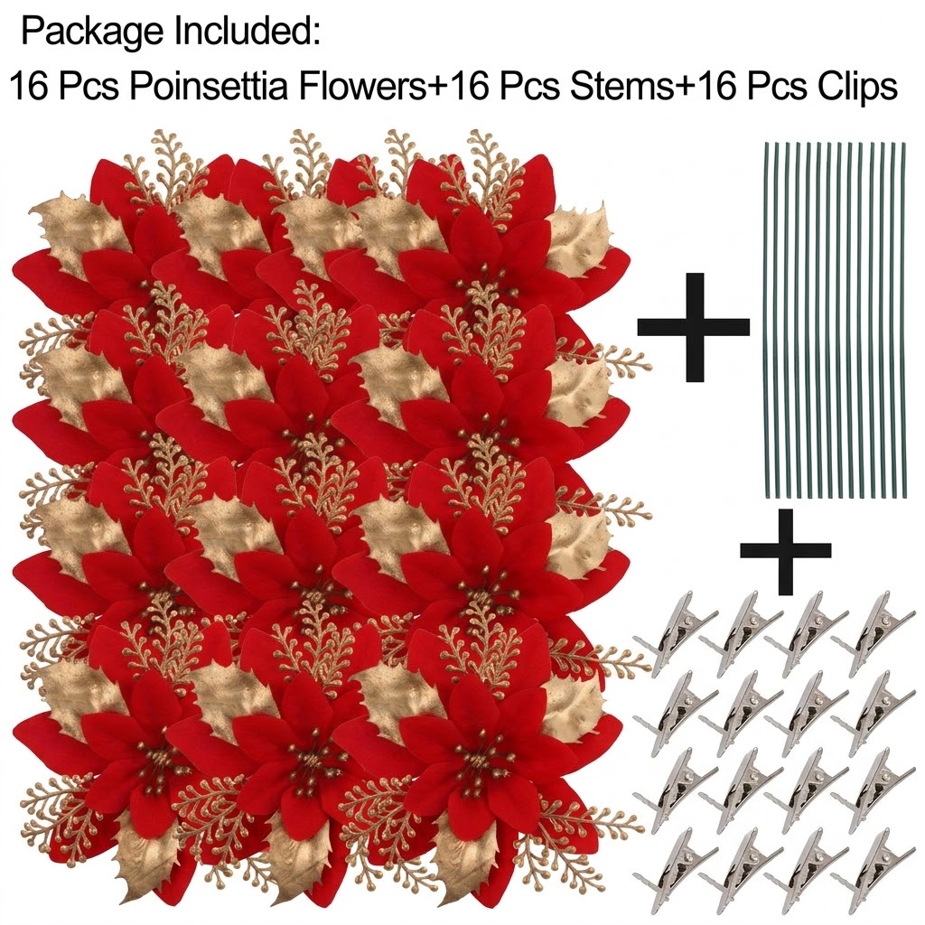 TEMU 48 pièces {16 fleurs, 16 pinces et 16 tiges} Fleurs de Noël à paillettes rouges avec pinces et tiges - Décorations artificielles pour sapin de