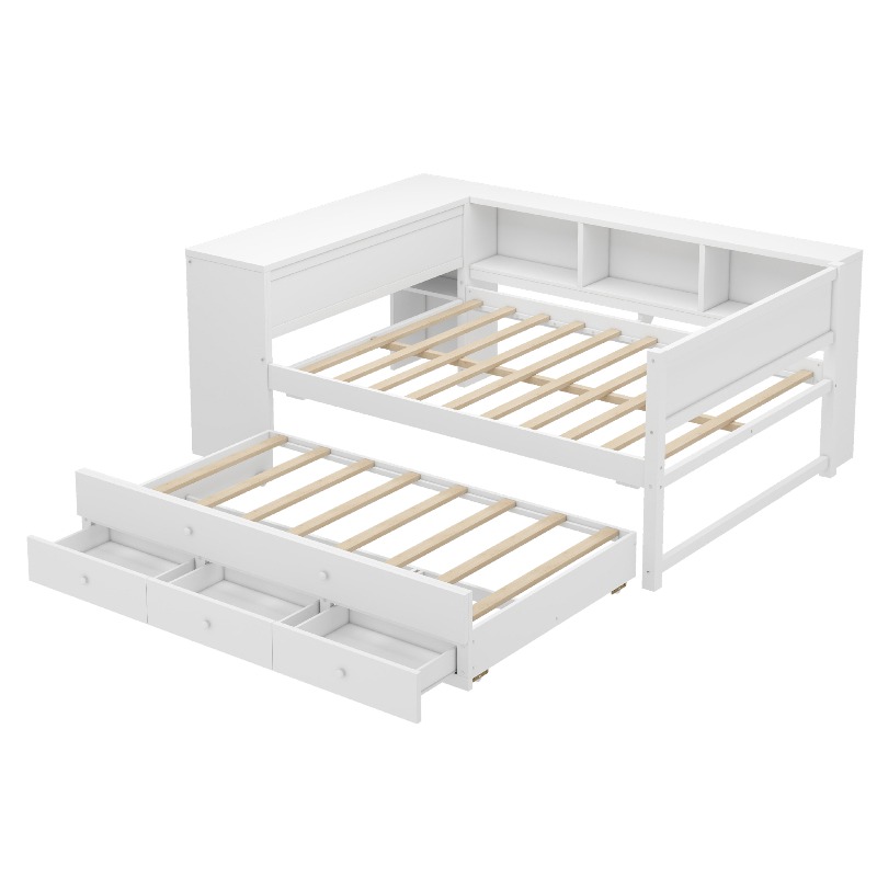 Full Size Daybed with Trundle, Wood Day Bed Frame with Storage Drawers And Side Shelves, Daybed with Desk, No Spring Box Needed, White