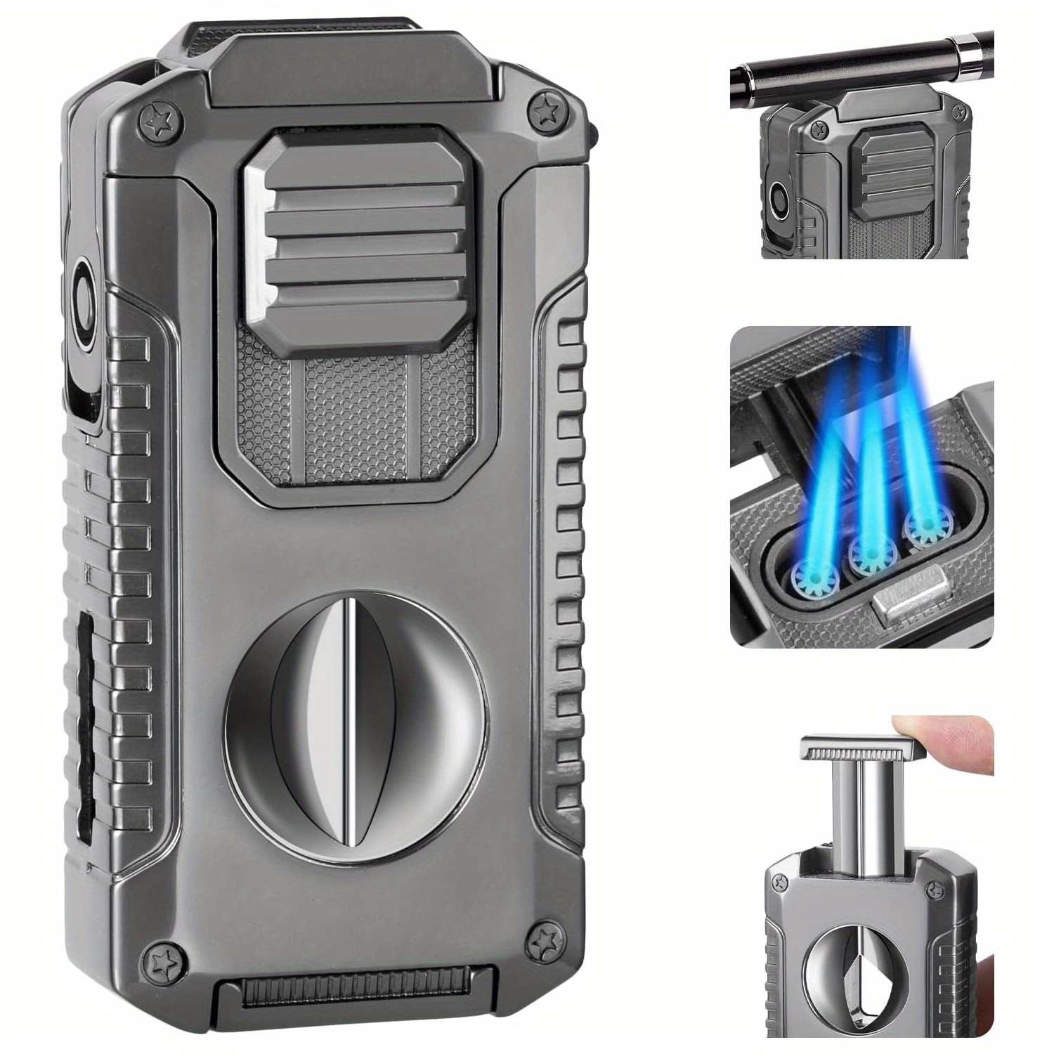 heavy-duty metal lighter & cigarette holder combo - windproof ignition system with ergonomic grip, flint/flint mechanism, compatible with lighters & cigarettes - ideal for camping, survival, travel - durable outdoor   gift for men (battery-powered, battery not included) -   with built-in   & ignition system, compact & portable for hiking, bbq, and  , camping essentials, survival gear,   materials, sturdy build 0