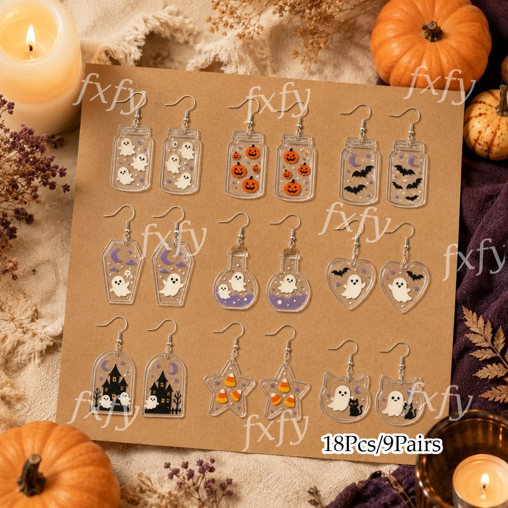 TEMU Ensemble de 18pcs/9 pièce de boucles d'oreilles transparentes en acrylique pour Halloween, motif , et citrouille, ambiance amusante, bijoux,