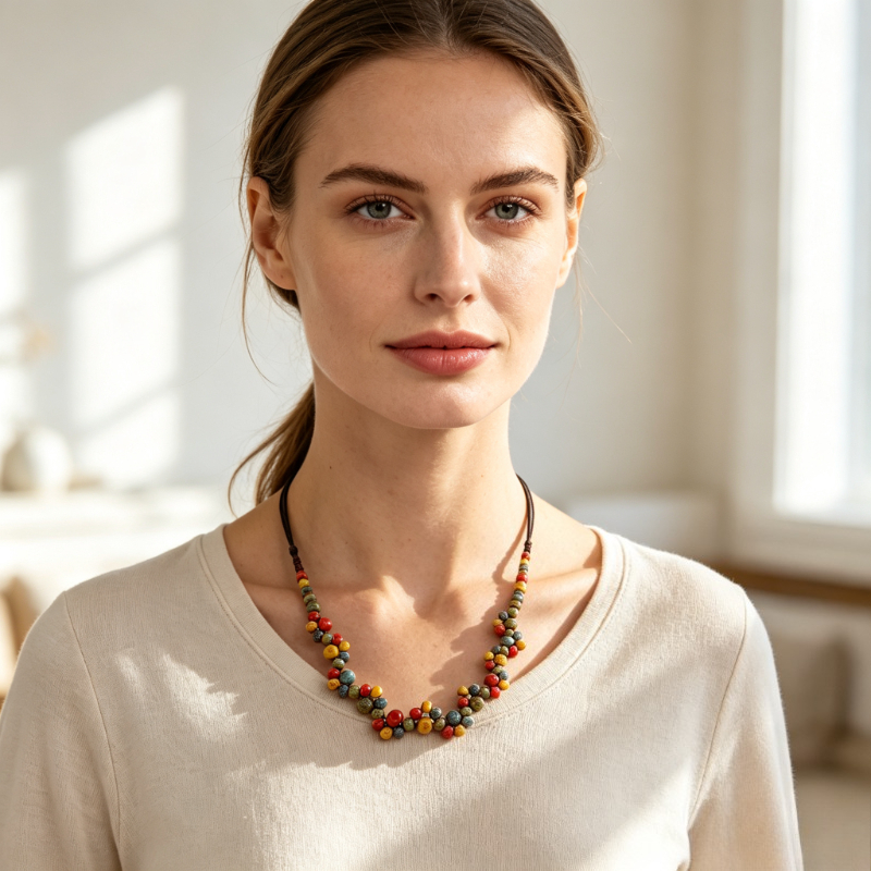 Boho Multicolor Ceramic Bead Strand Necklace for Women