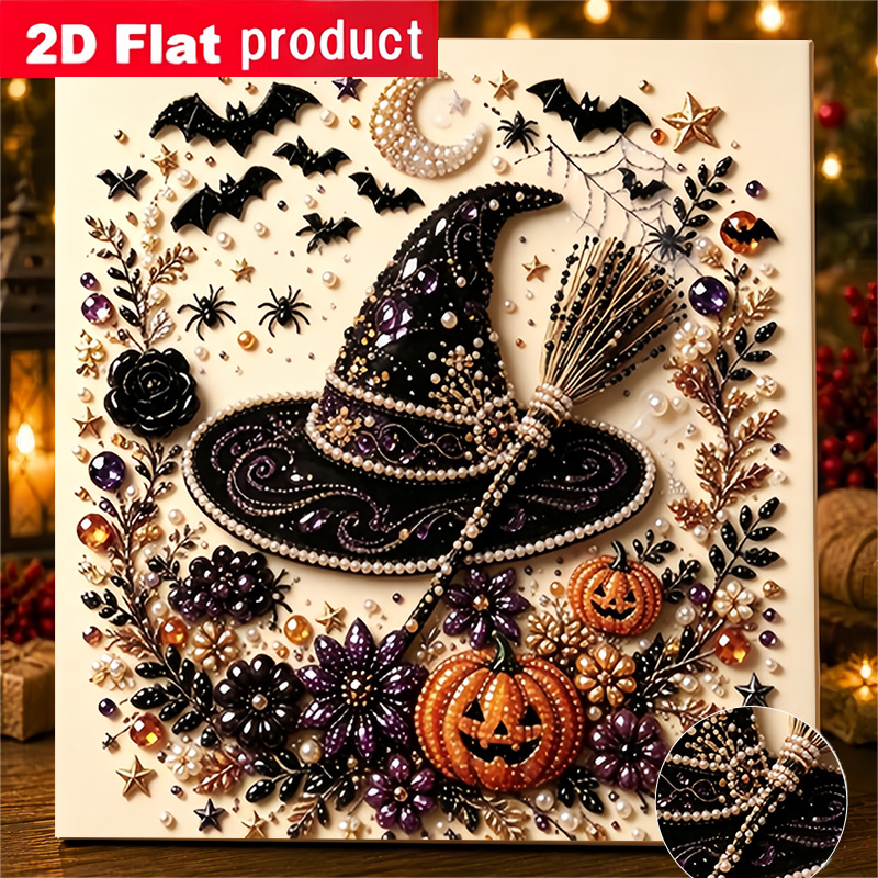 TEMU Nouveau kit de peinture diamant perle avec impression 2D/à plat, motif chapeau de sorcière magique d'Halloween. kit d'art DIY fait main avec