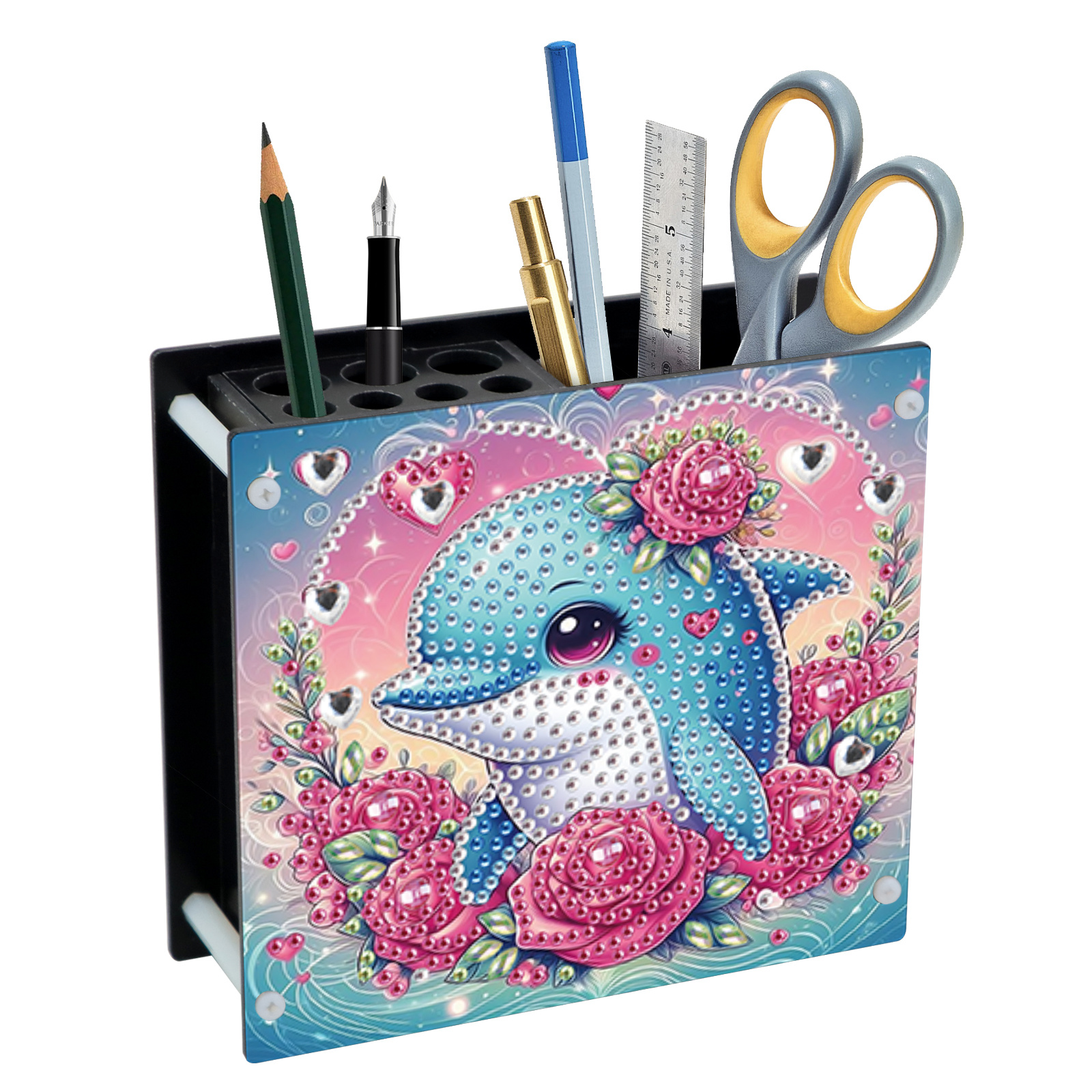 

Diy Diamond Painting Kit - Rose Dolphin Special Shape Acrylic Pen Holder, Irregular Animal-themed Desktop Organizer For Office Decor