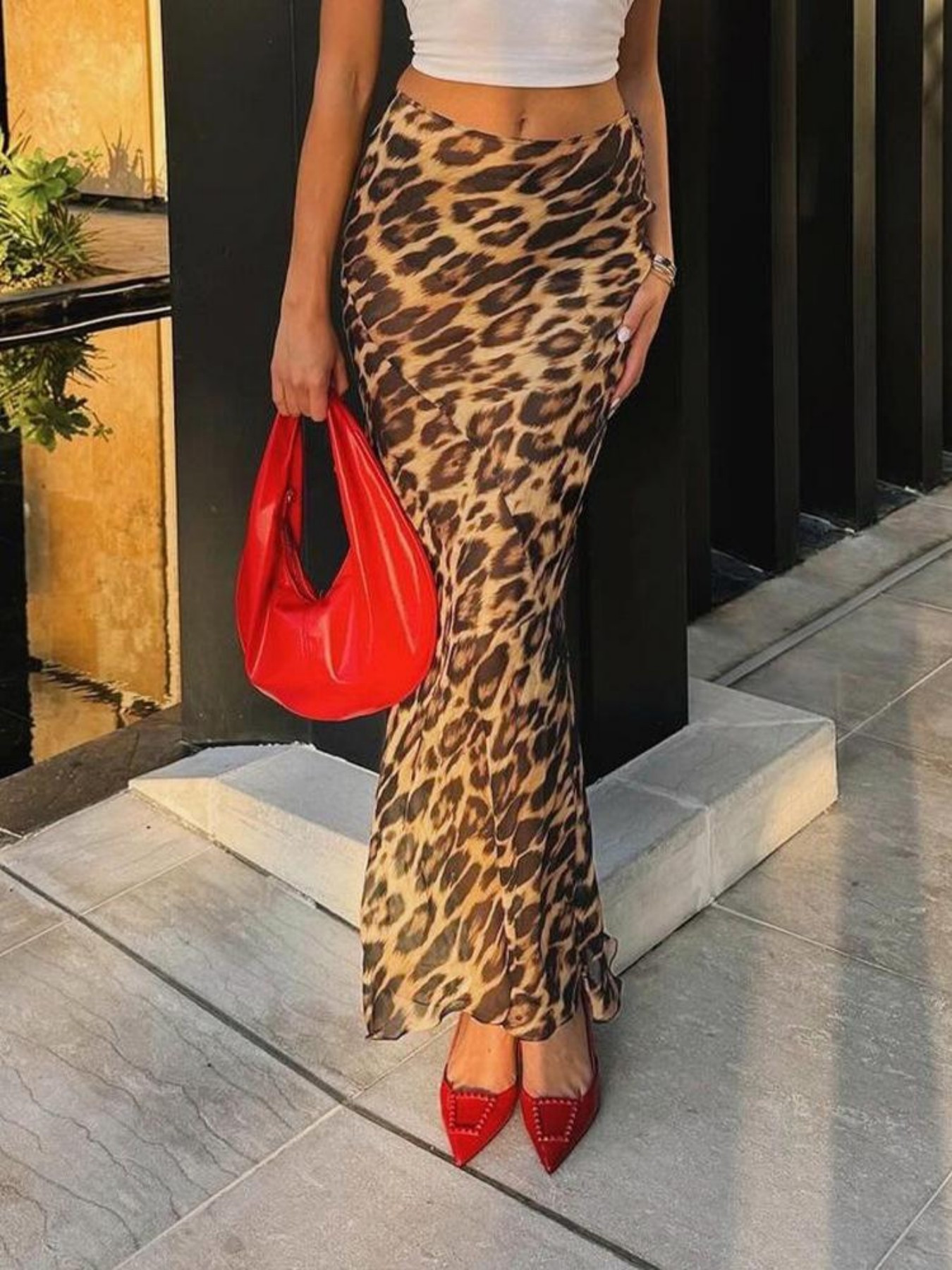 Women'S Sexy Leopard Print Fishtail Skirt, 100% Polyester Knit Fabric,  Asymmetrical Detail Chiffon Midi Skirt