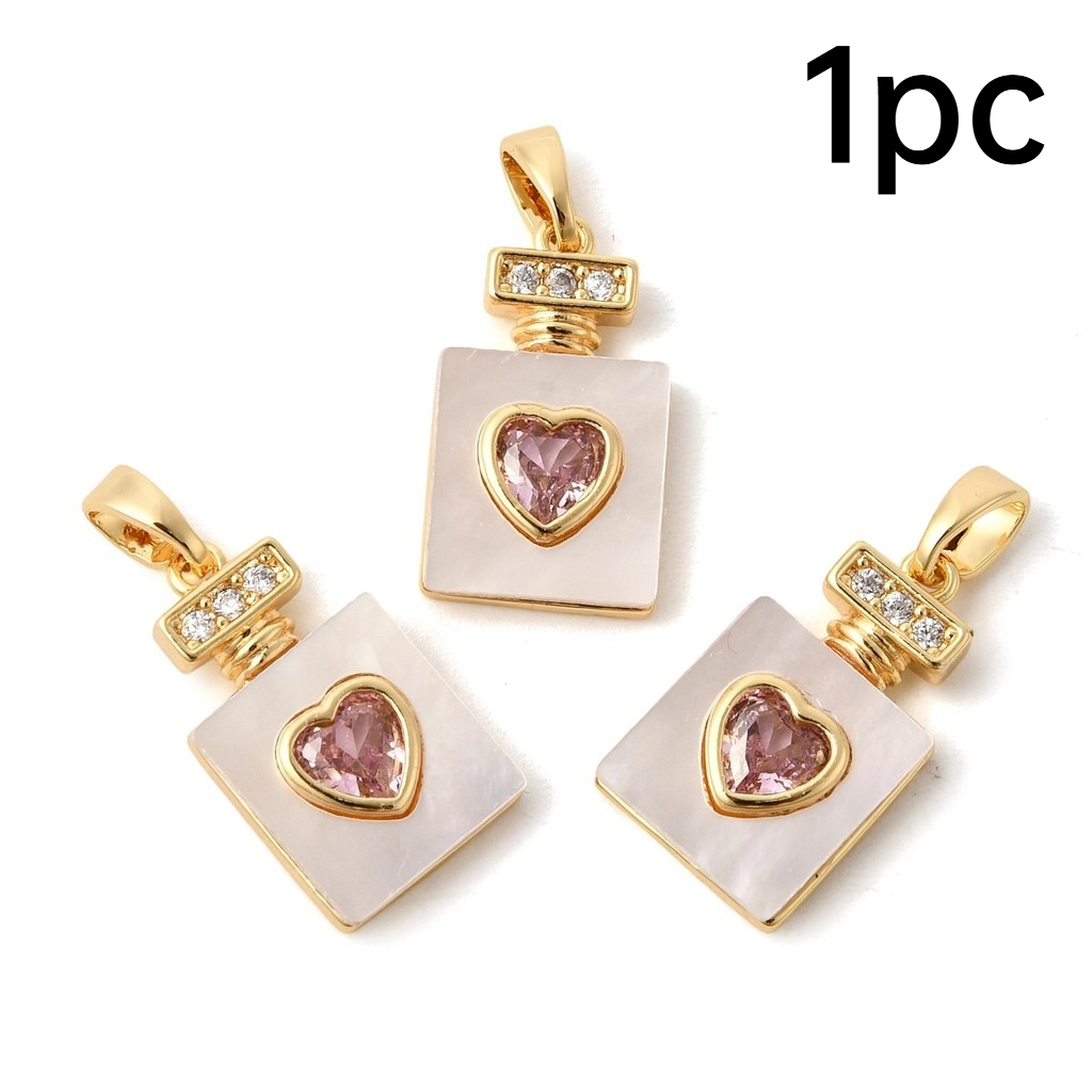TEMU 1pc Shell Pendants, Heart Perfume Bottle Charms With 18k Gold Plated Brass Pave Pink Cubic Settings, For Jewelry Making, Diy Necklace Bracelet