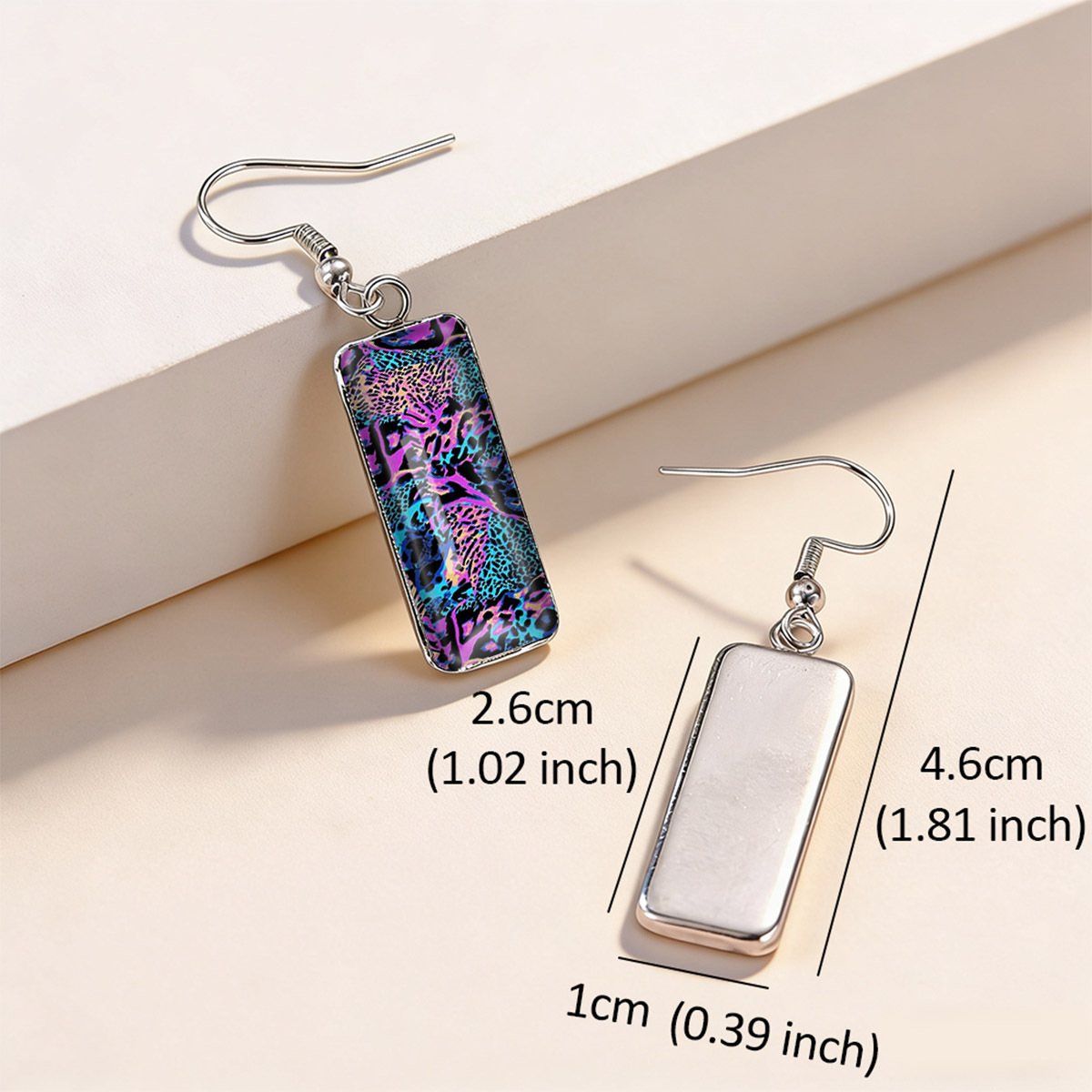 Purple, Blue, and Pink Iridescent Animal Texture Print Rectangular Earrings